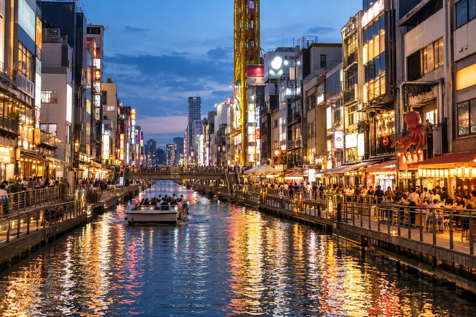 AI-generated illustration of Osaka’s Dotonbori canal and illuminated restaurant frontage at blue hour.