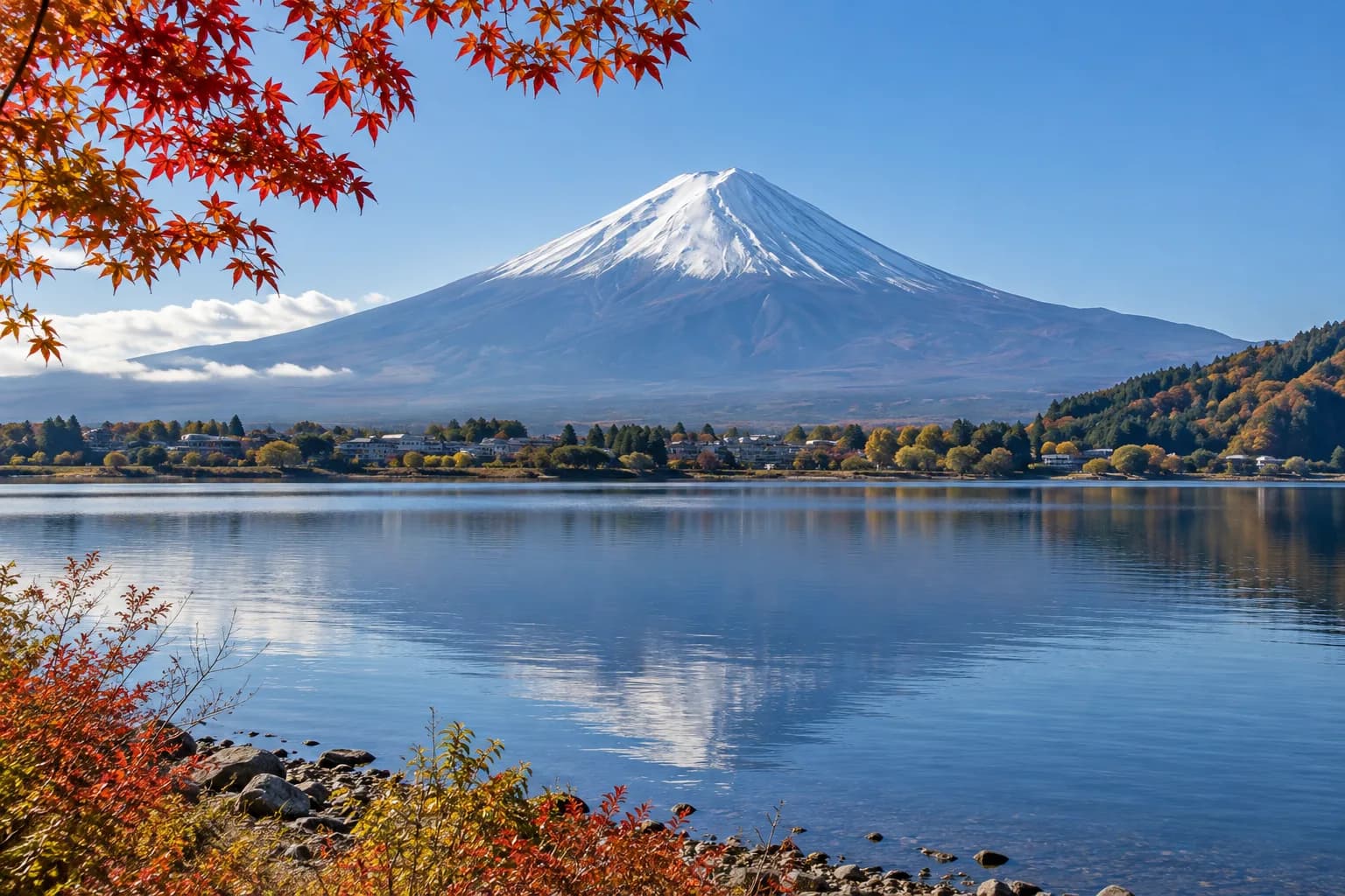 AI-generated illustration of snow-capped Mount Fuji beyond Lake Kawaguchiko, with autumn leaves at the edge of the frame.