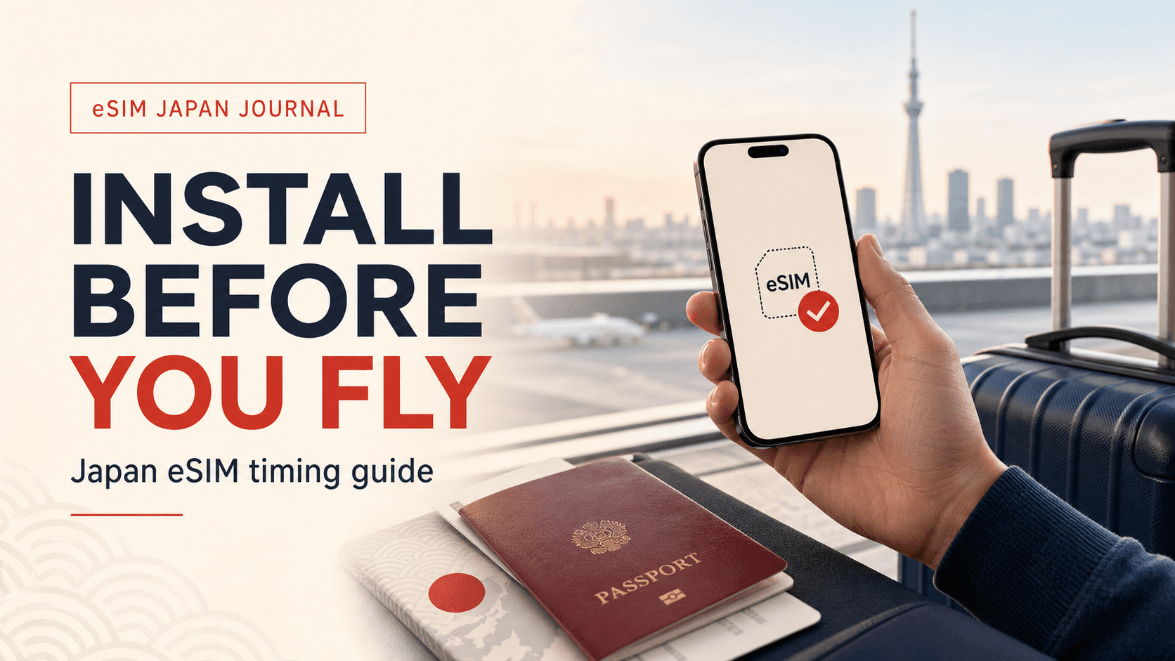 Traveler holding a phone with an installed eSIM before flying to Japan