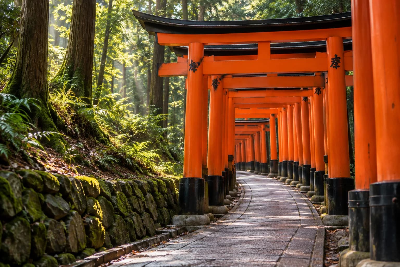 AI-generated illustration of a vermilion torii passage along a wooded shrine path in Kyoto.