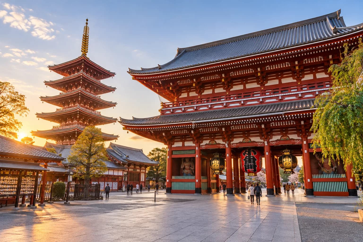 AI-generated illustration of red temple buildings and a pagoda in Tokyo’s Asakusa district in soft morning light.