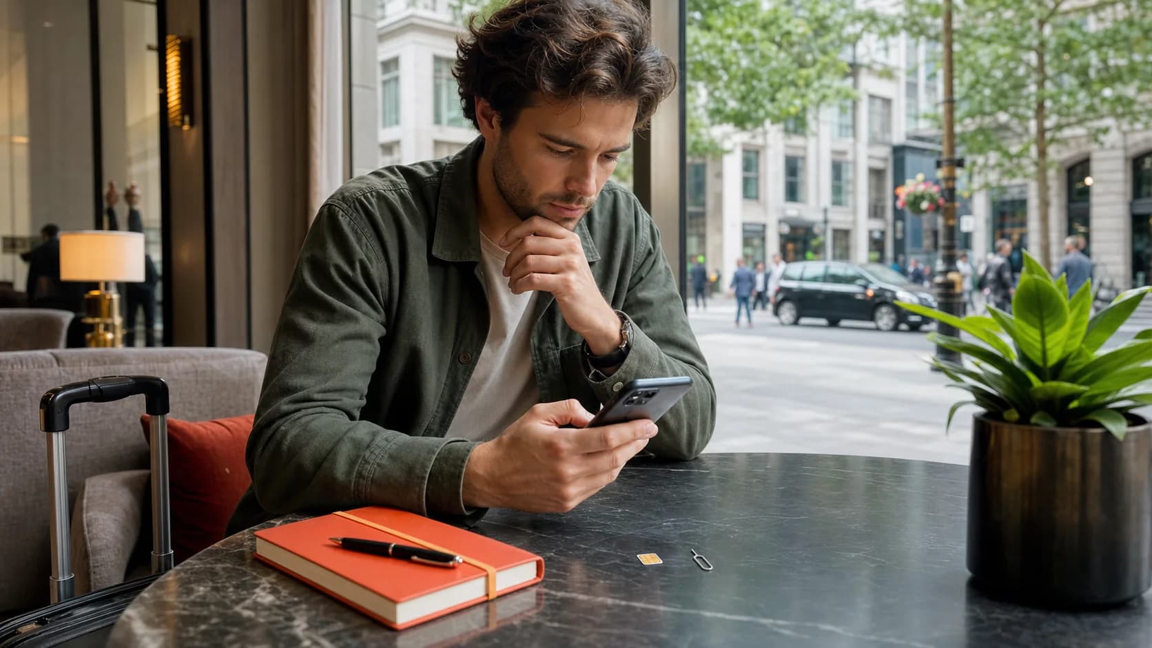 Traveler comparing mobile connectivity options before a trip