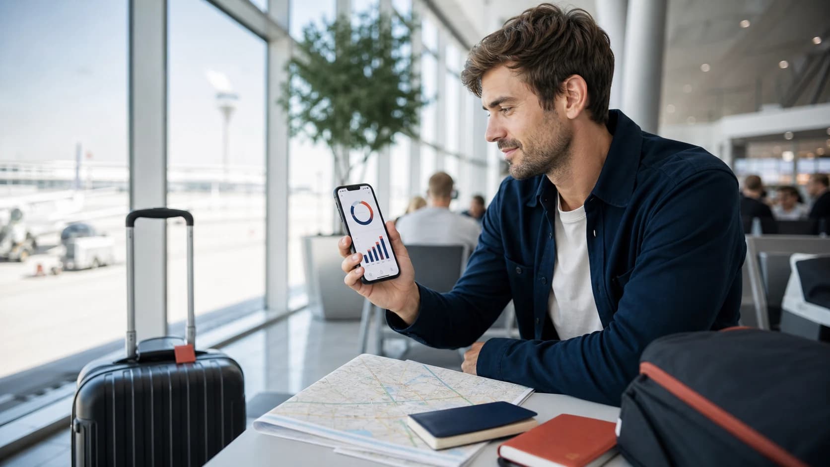 Traveler reviewing mobile data usage while waiting at an airport